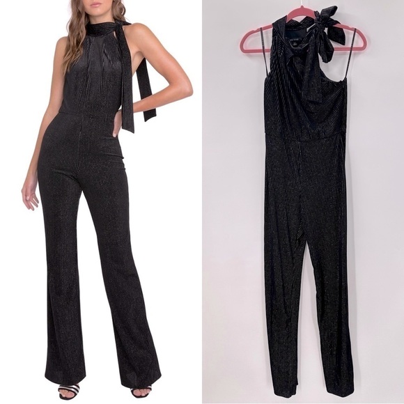 Black Halo Audrey Metallic Stripe Velvet Jumpsuit Size 6 - Picture 1 of 4